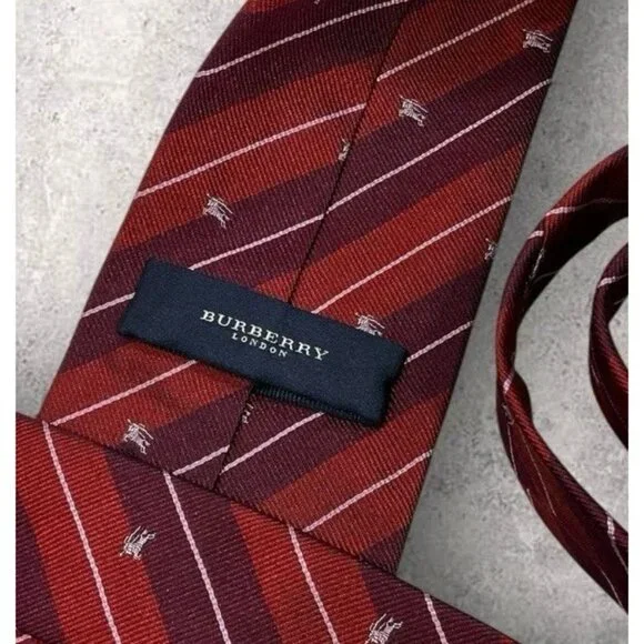 BURBERRY Silk Tie ITALY Burgundy Striped Monogram Logo W:3.8" EUC - Picture 2 of 6